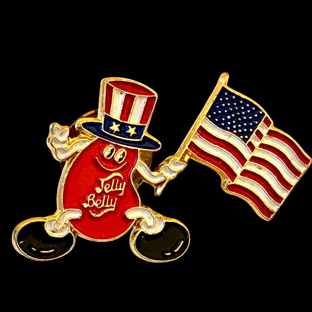 Jelly Belly Jelly Bean Vintage Patriotic Enamel Lapel Pin USA American Flag